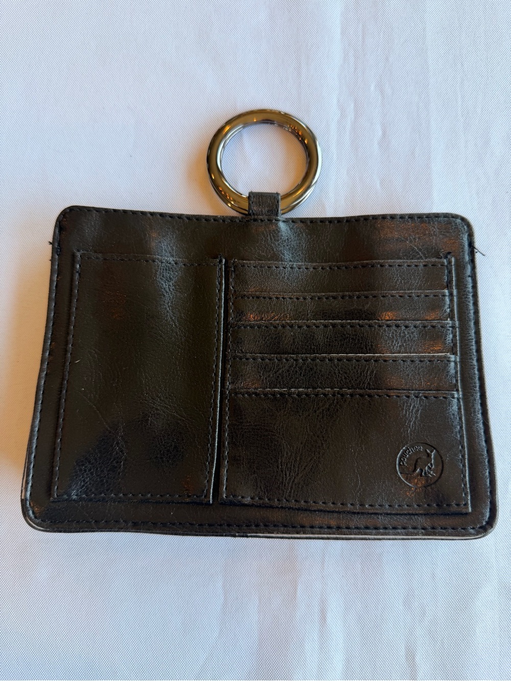 Pouchee Black Leather Small Purse Organizer Card Holder Wristlet Ring Handle